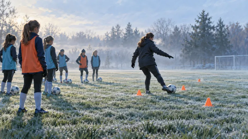 A youth soccer coach demonstrating a passing drill between orange cones on a frosty morning practice field while players wait with balls