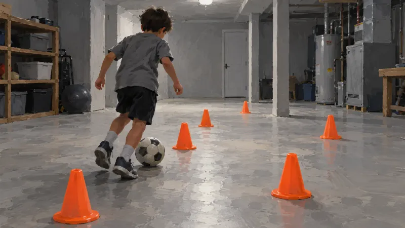 A child dribbling a soccer ball around cones on a basement floor