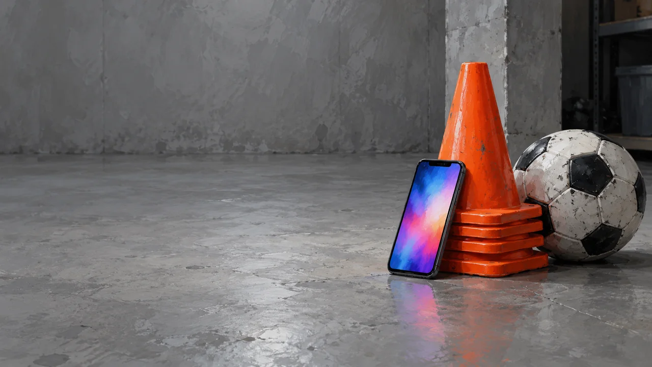 A phone leaning against a stack of cones next to a soccer ball on a basement floor, the screen glowing with abstract color