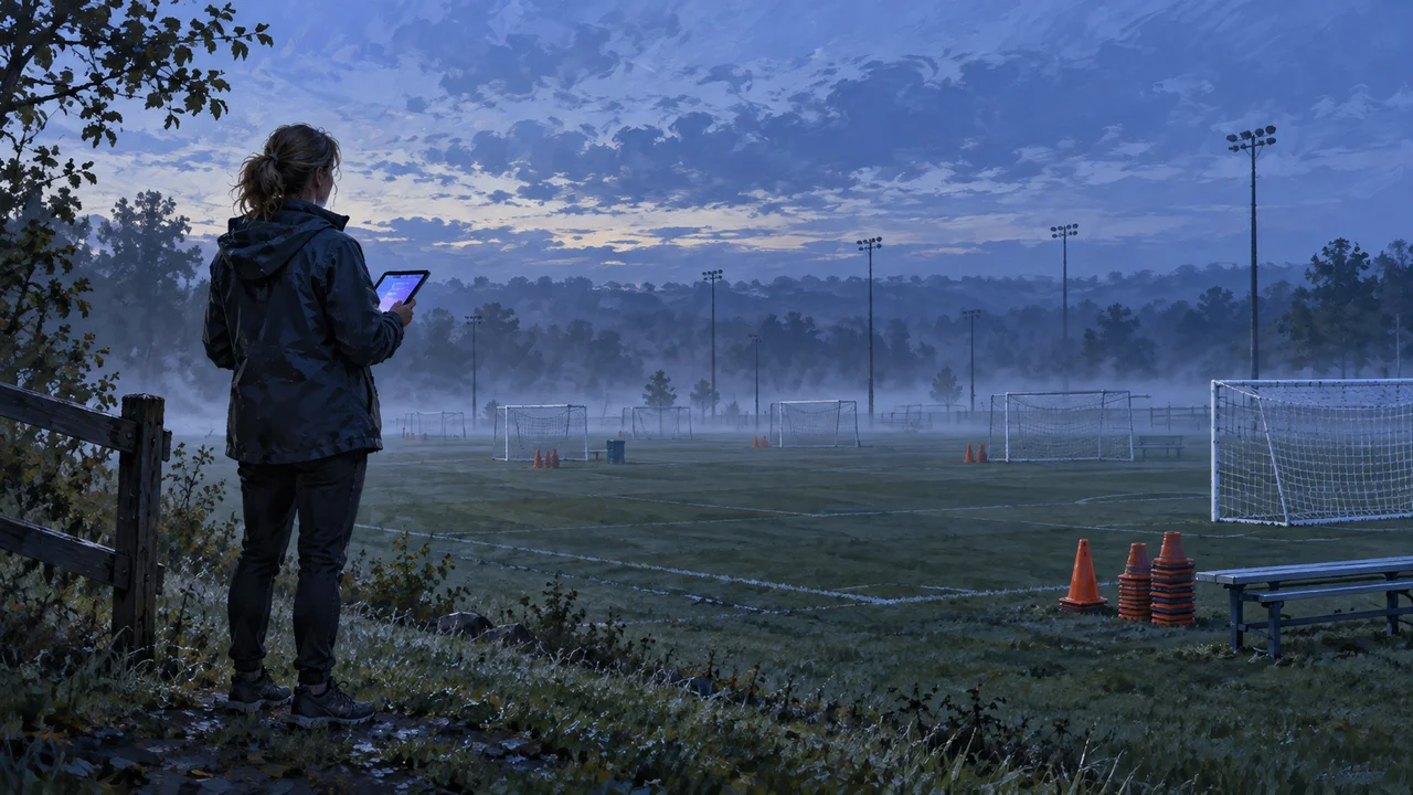A youth soccer club administrator holding a tablet at the edge of an empty, misty multi-field soccer complex at dawn