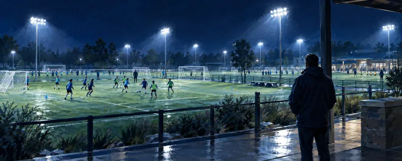 A youth soccer club complex at night with several teams training on lit fields while a director in a jacket watches from a covered walkway