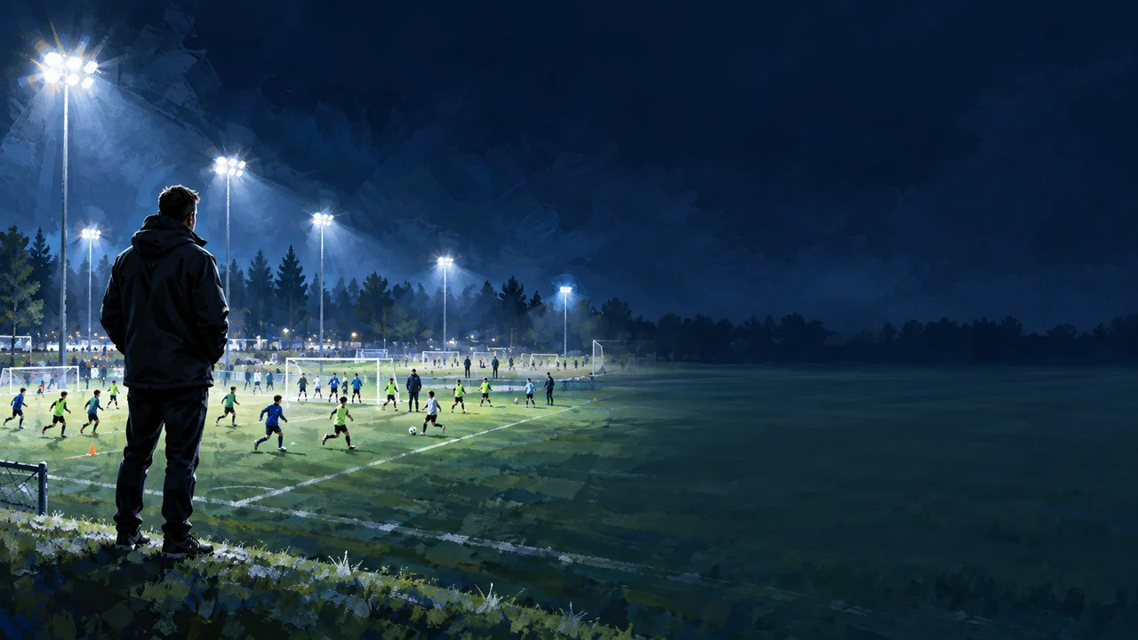 A club director in a dark jacket stands at the edge of a lit youth soccer complex at night, watching teams train in the distance