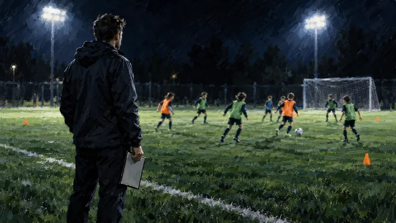 A youth soccer coach with a clipboard watching his players from the sideline at night under field lights