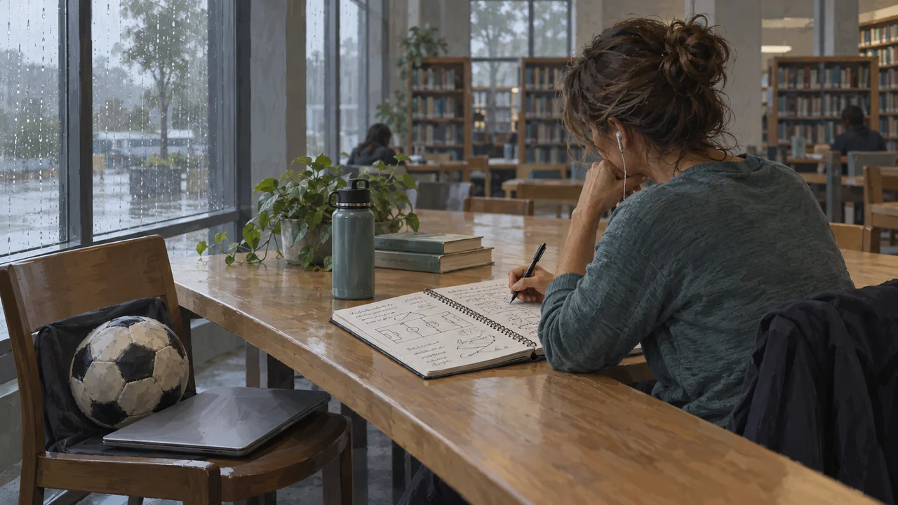 A youth soccer coach writing coaching notes and field diagrams at a library table on a rainy afternoon