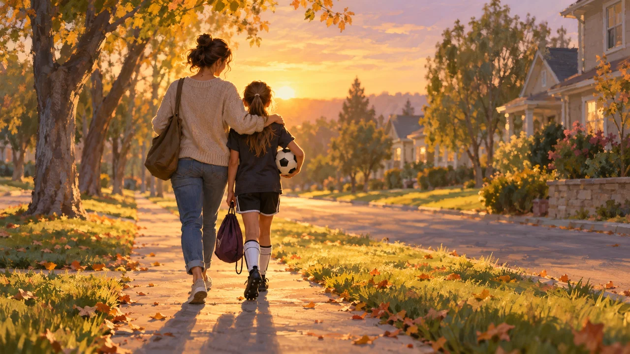 A mother and daughter walk home along a tree-lined sidewalk after soccer practice in the evening light