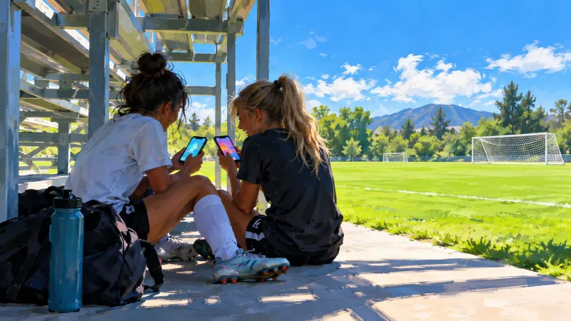 Two young soccer players comparing phone screens in the shade of bleachers beside a practice field on a bright day