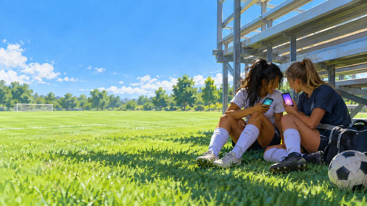 Two young soccer players laughing and comparing phone screens in the shade of metal bleachers beside a sunny practice field