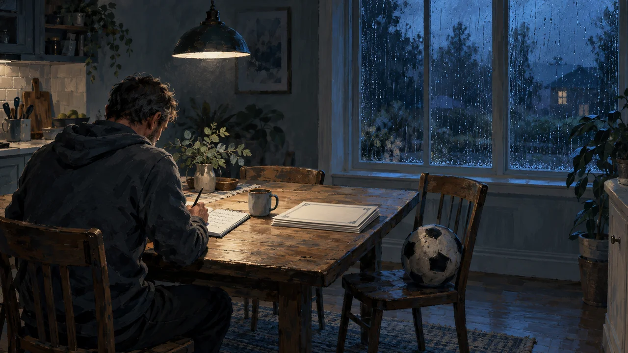 A soccer coach writing notes for an end-of-season awards speech at a kitchen table on a rainy evening
