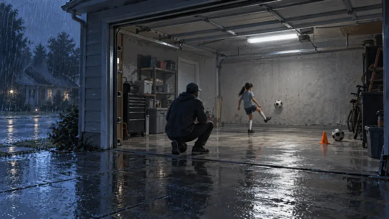 A father watches his daughter practice first touch against the back wall of an open garage on a rainy evening