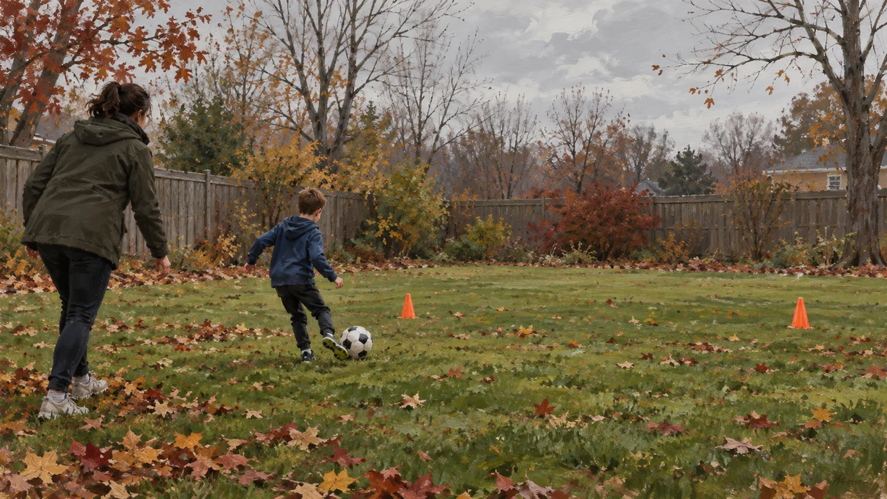 A mother rolls a soccer ball to her son, who redirects his first touch toward orange cones in an autumn backyard