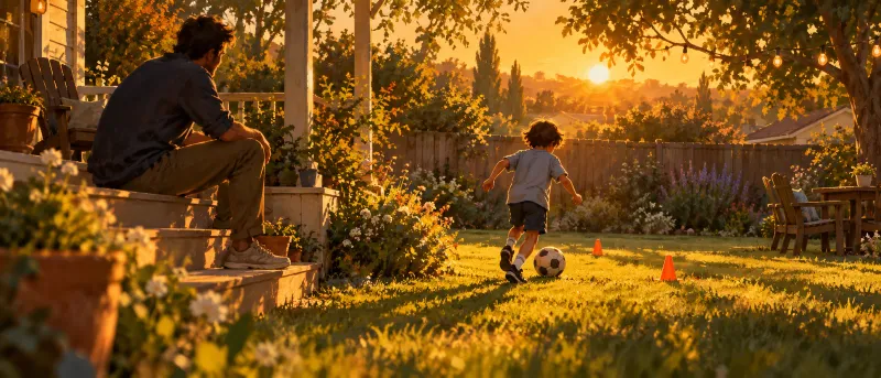 A parent watching from a porch step while a child dribbles a soccer ball between two cones in a backyard