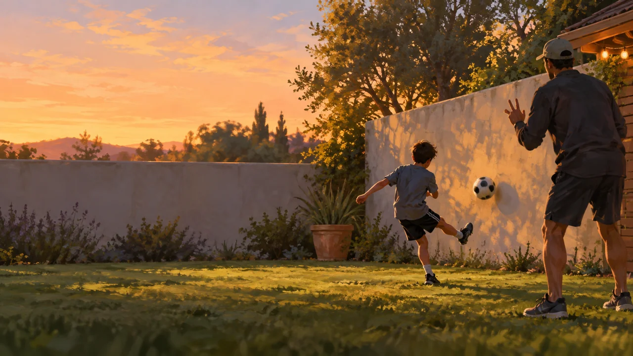 A parent holding up fingers while a young soccer player passes against a backyard wall at dusk