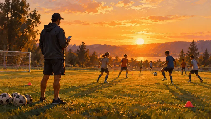 A youth soccer coach on a sideline at sunset holding a phone while players pass and juggle in the background