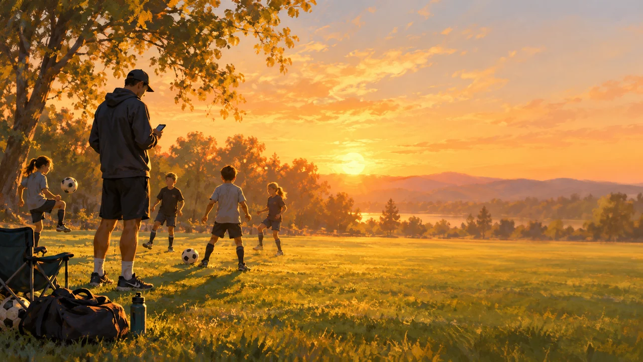 A youth soccer coach checking a phone on the sideline while players juggle and pass in a park at sunset