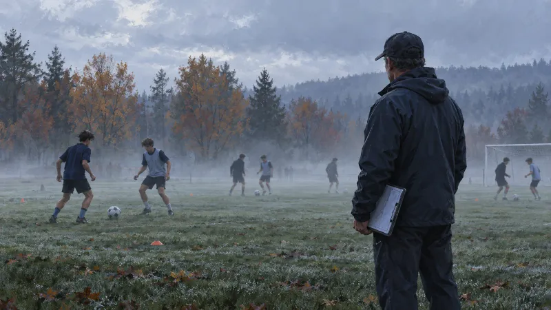 A high school soccer coach with a clipboard on a misty, overcast morning practice field while players pass behind him