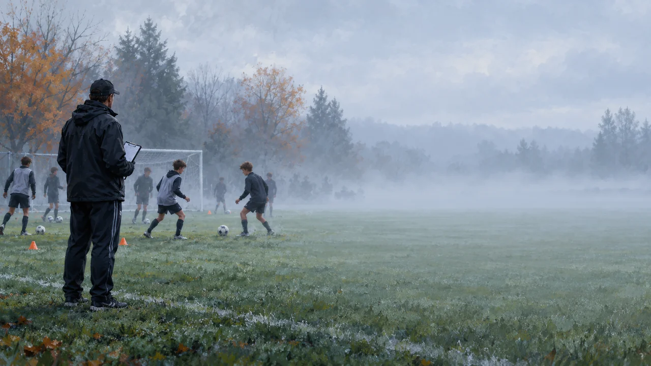A school soccer coach with a clipboard on a misty morning practice field while players pass in pairs behind him