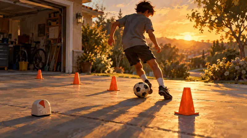 A young soccer player dribbling around cones in a driveway with a kitchen timer on the ground