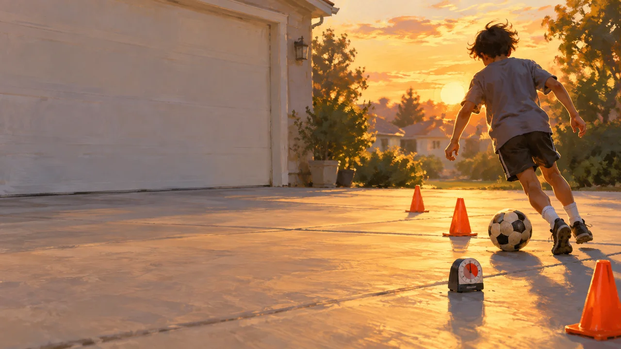 A young soccer player dribbling around cones in a driveway with a kitchen timer on the ground beside the ball