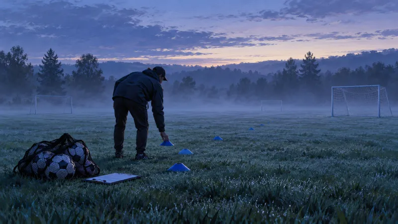 A youth soccer coach setting out blue cones on a misty, empty field before sunrise, with a bag of balls and a clipboard on the grass