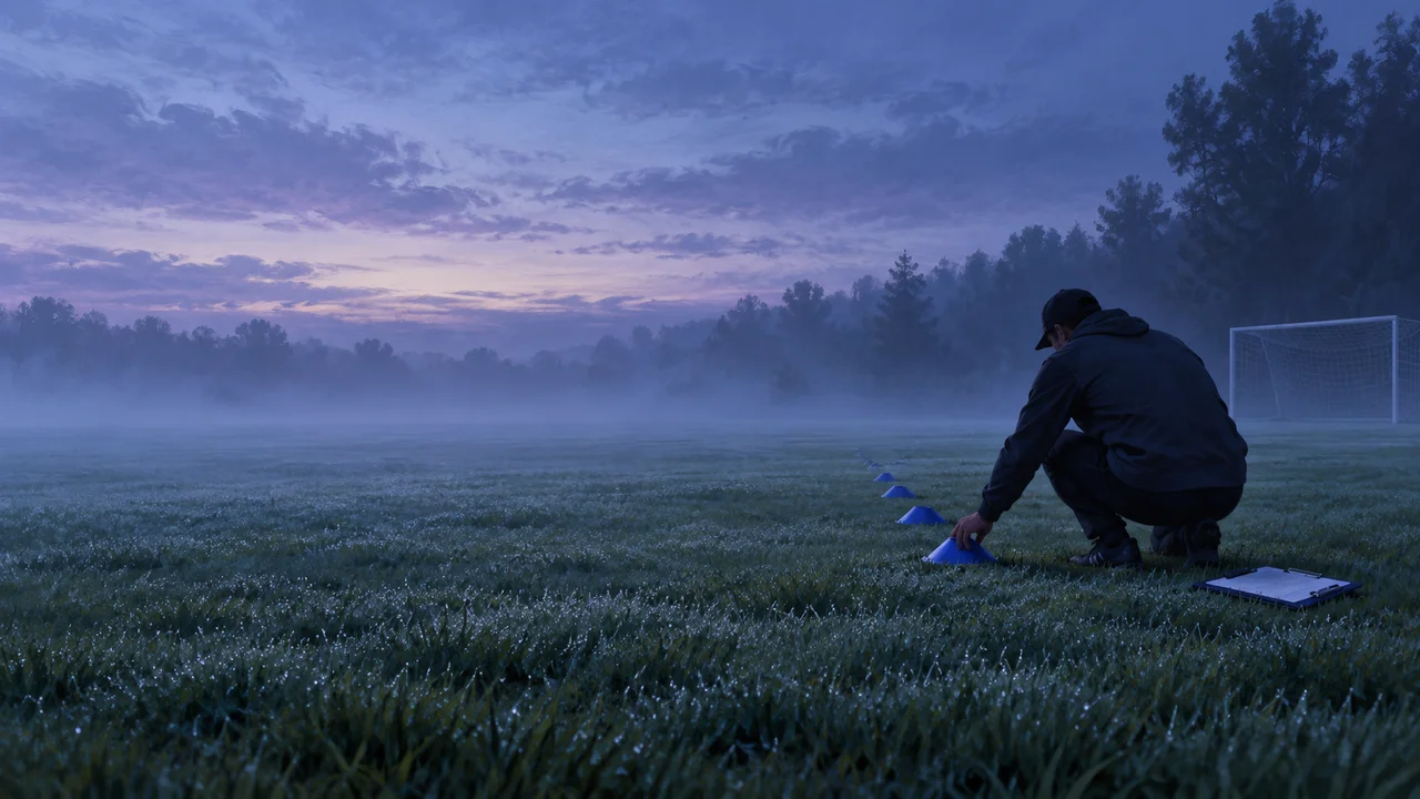 A youth soccer coach crouching to place a cone on a misty practice field before sunrise, with a clipboard on the grass beside him