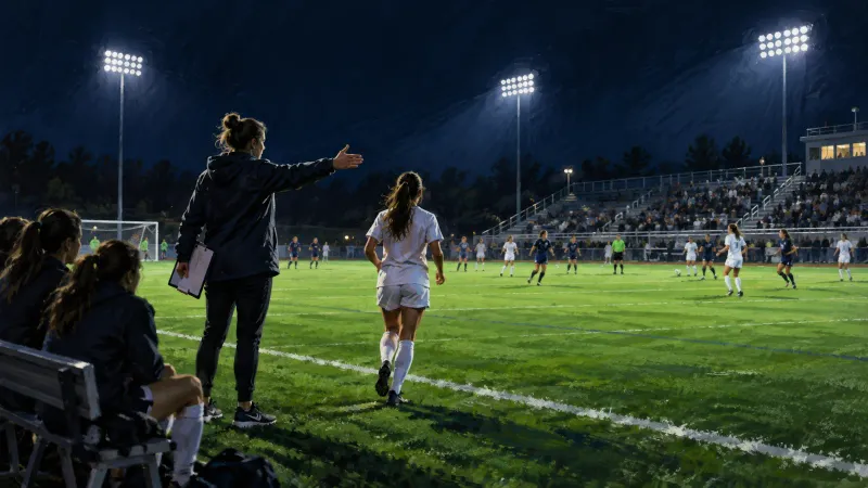 A high school soccer coach on the sideline under stadium lights at night, signaling a substitute into a tournament game
