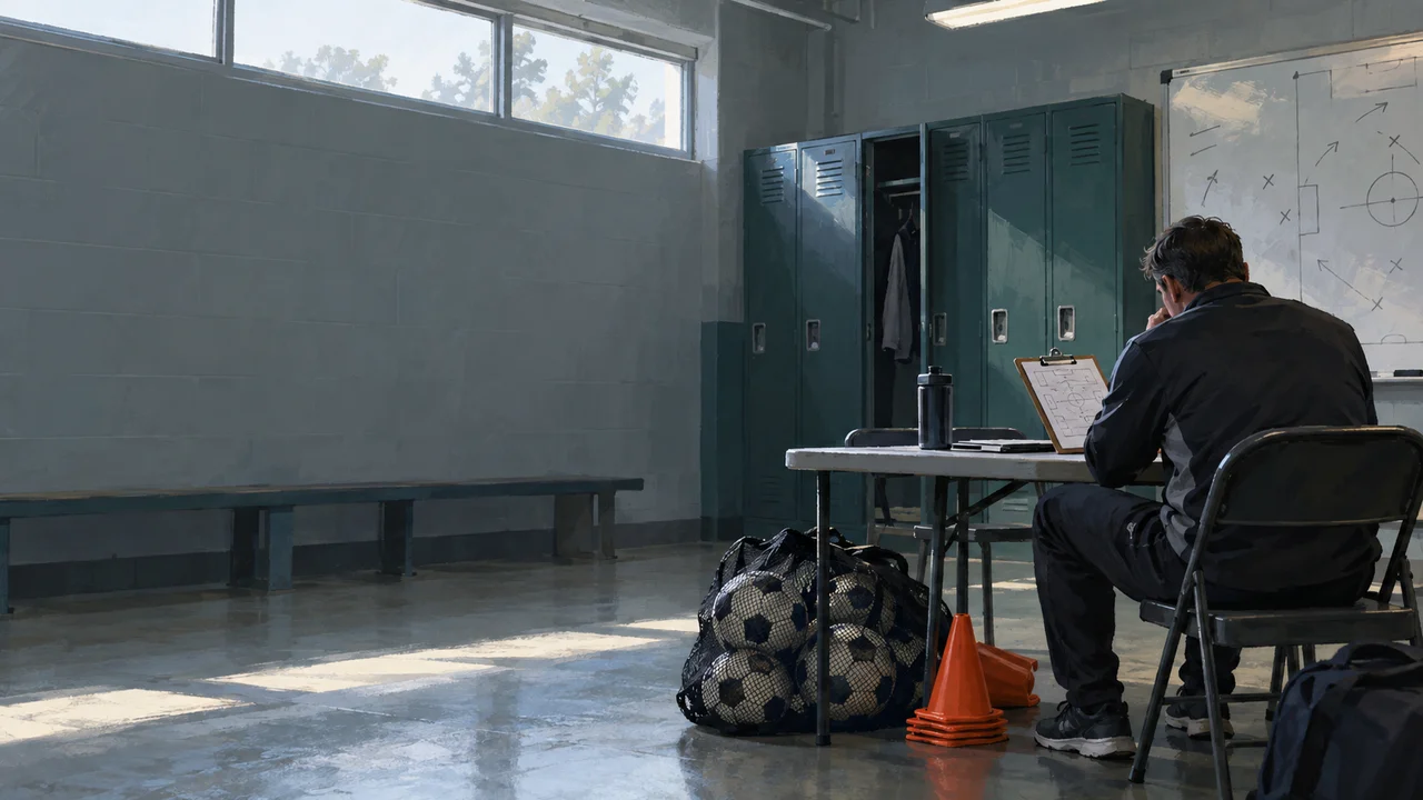A high school soccer coach sitting alone in a locker room, studying a lineup sheet on a clipboard before a tournament game