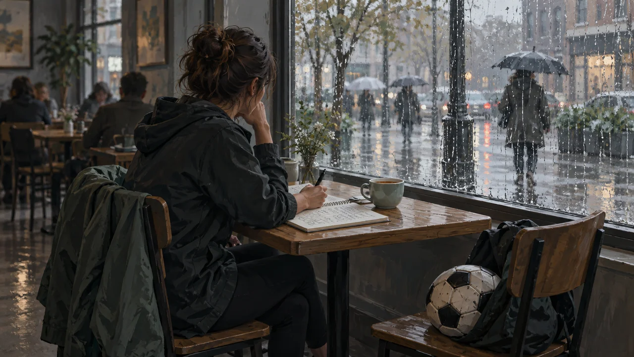 A youth soccer coach writing a season practice plan in a notebook at a coffee shop on a rainy morning