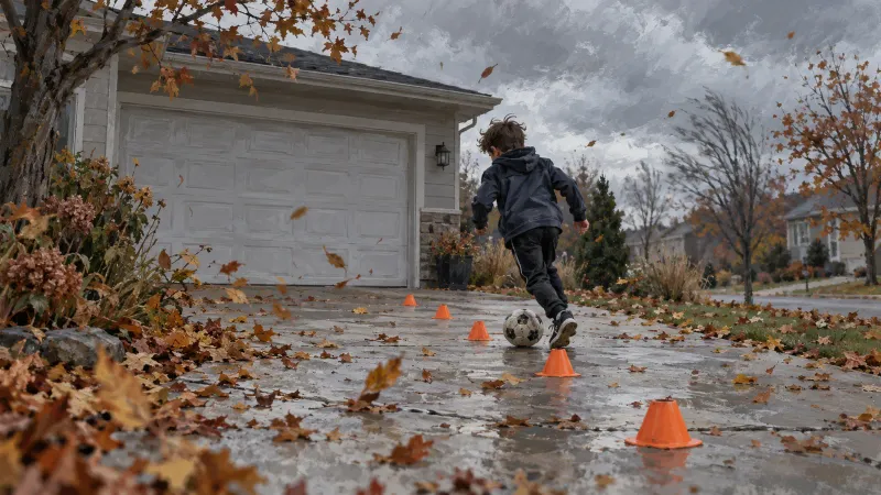 A 10-year-old boy dribbling a soccer ball through orange cones on a leaf-covered driveway on an overcast autumn afternoon