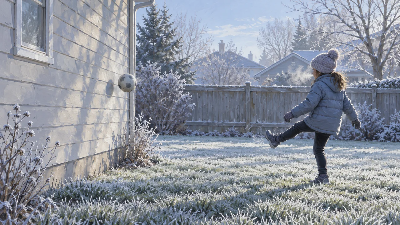 A 10-year-old girl passing a soccer ball against the side of a house in a frosty backyard in the early morning
