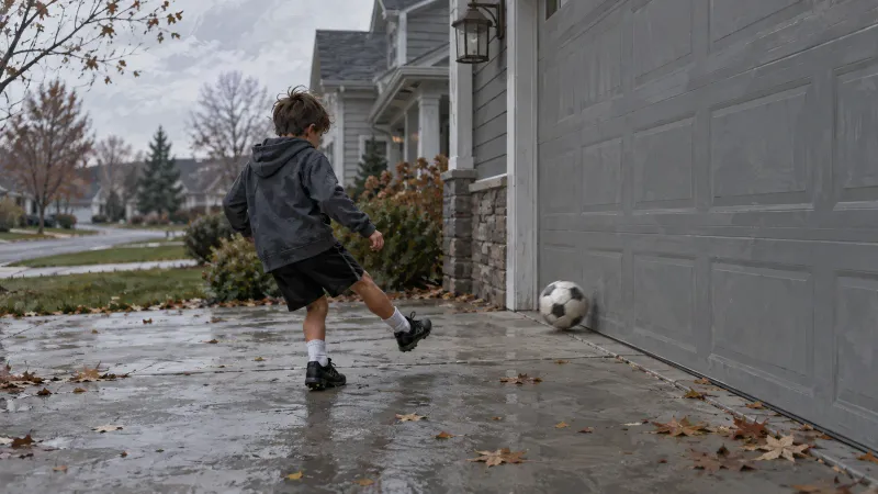 A 9-year-old boy passing a soccer ball against the garage door in his driveway on an overcast afternoon