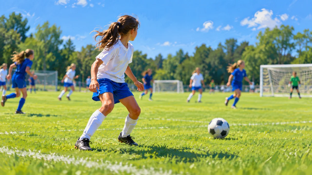 A 9-year-old girl scanning the field before receiving a pass during a youth soccer game