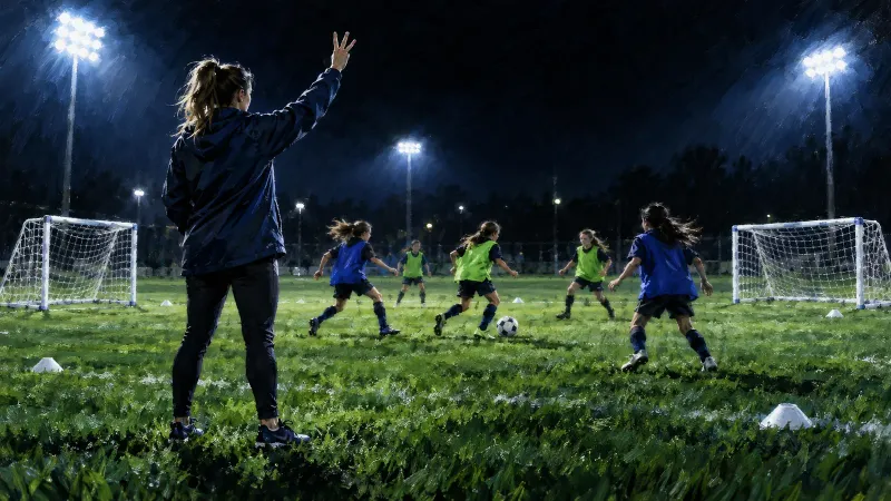 A youth soccer coach holds up three fingers under field lights on a rainy night while young players run a 3v3 scrimmage