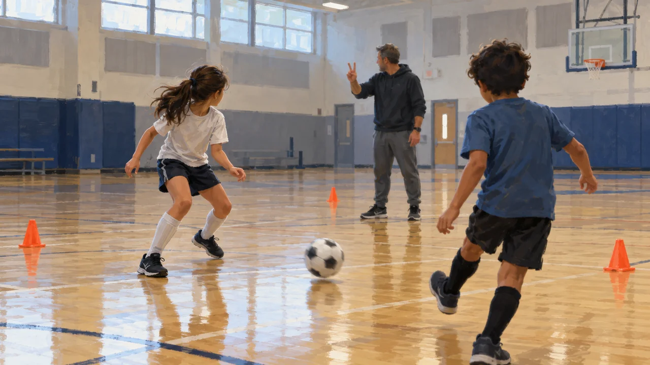 A youth soccer coach holds up two fingers in a school gym as a player checks over her shoulder before a pass arrives