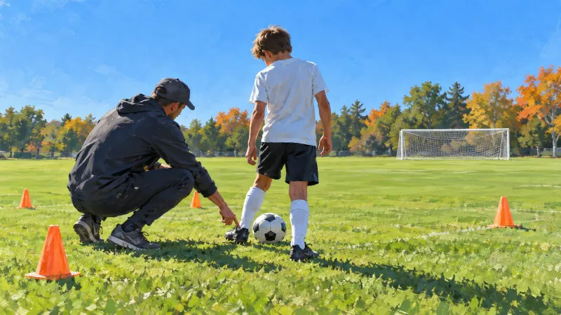 A private soccer coach crouches beside a young player on a sunny practice field, pointing at the player's plant foot next to the ball