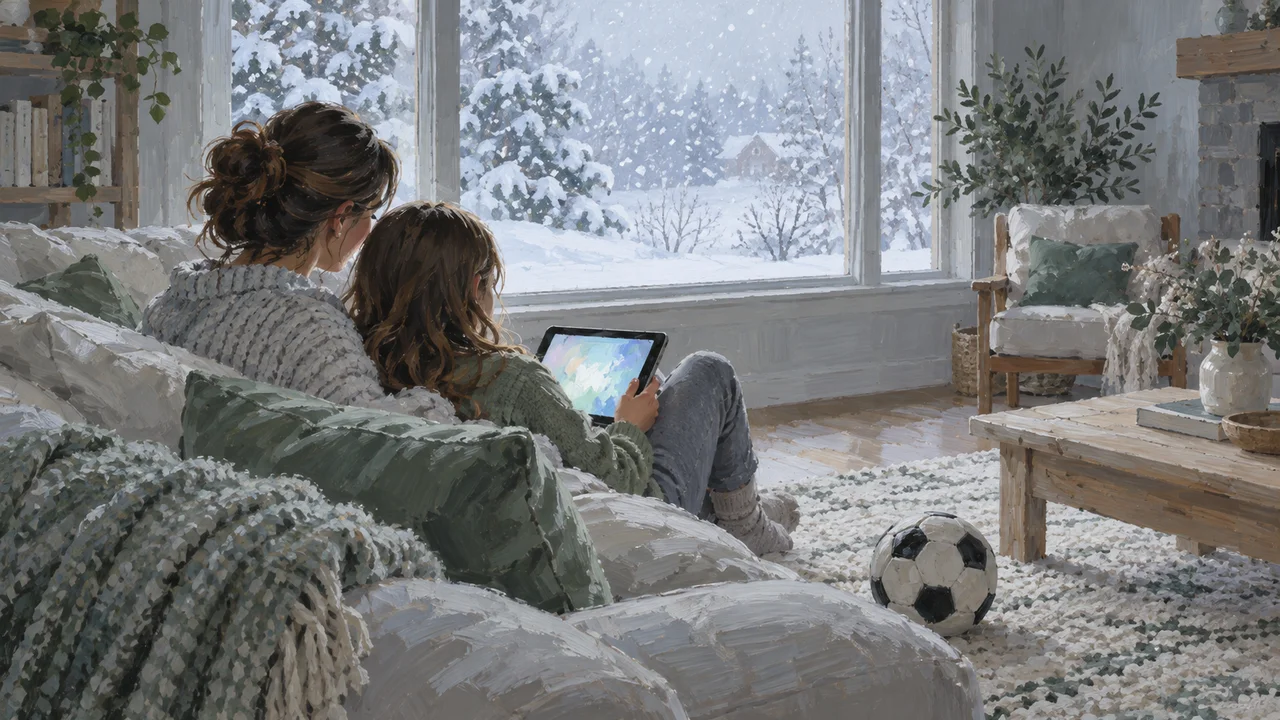 A mother and daughter sit on a living room couch looking at a soccer training app on a tablet while snow falls outside