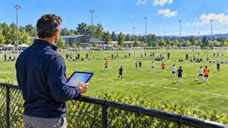 A youth soccer club director holding a tablet and watching teams practice at a multi-field complex on a sunny morning
