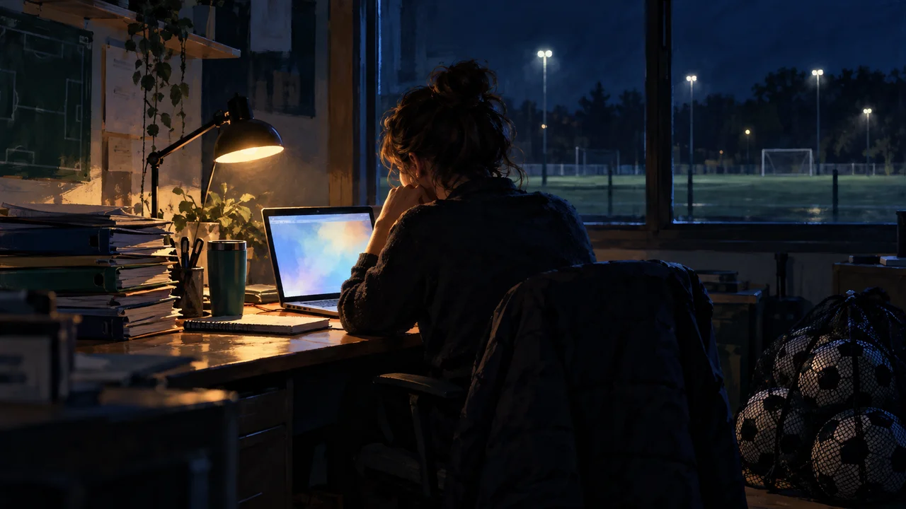 A club administrator working on a laptop at a desk in a club office at night, with a lit practice field outside the window